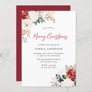 Burgundy Red Flowers Merry Christmas Party Invitation