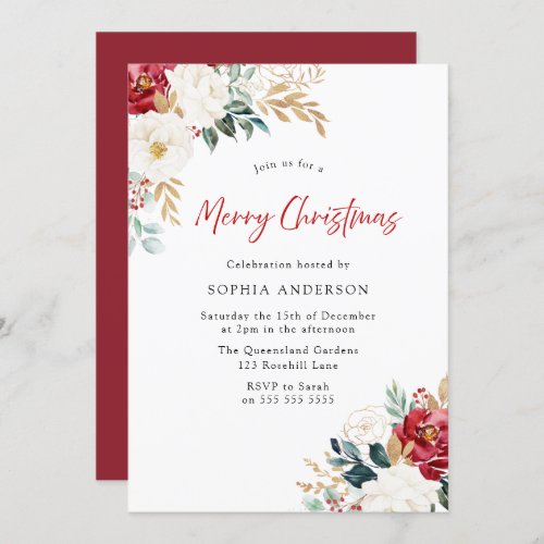 Burgundy Red Flowers Merry Christmas Party Invitation