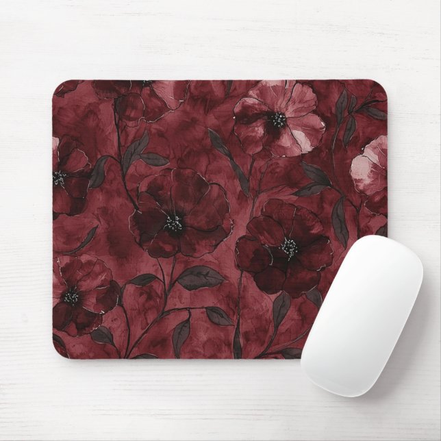 Burgundy Red Flowers Mouse Pad (With Mouse)