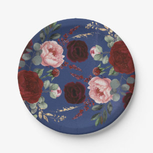 Burgundy Red Flowers Navy Blue Modern Fall Wedding Paper Plates