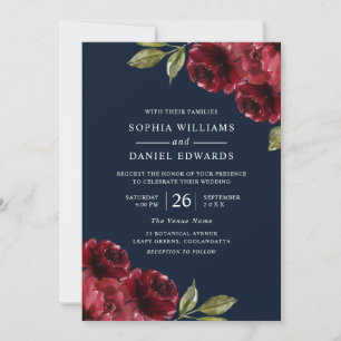Burgundy Red Flowers, Navy Blue Wedding Invitation