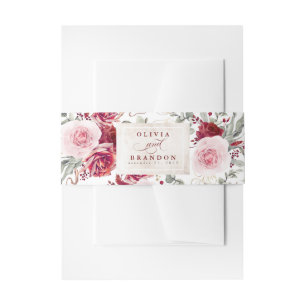 Burgundy Red Flowers Pattern Elegant Wedding Invitation Belly Band