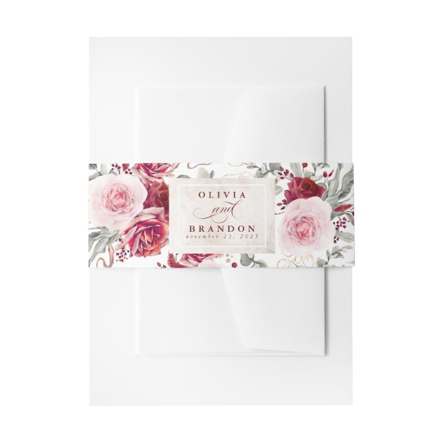 Burgundy Red Flowers Pattern Elegant Wedding Invitation Belly Band (Front Example)