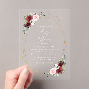 Burgundy Red Flowers, Pink Flowers, Baby Shower Acrylic Invitations