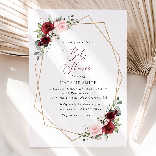 Burgundy Red Flowers Pink Flowers Baby Shower Invitation