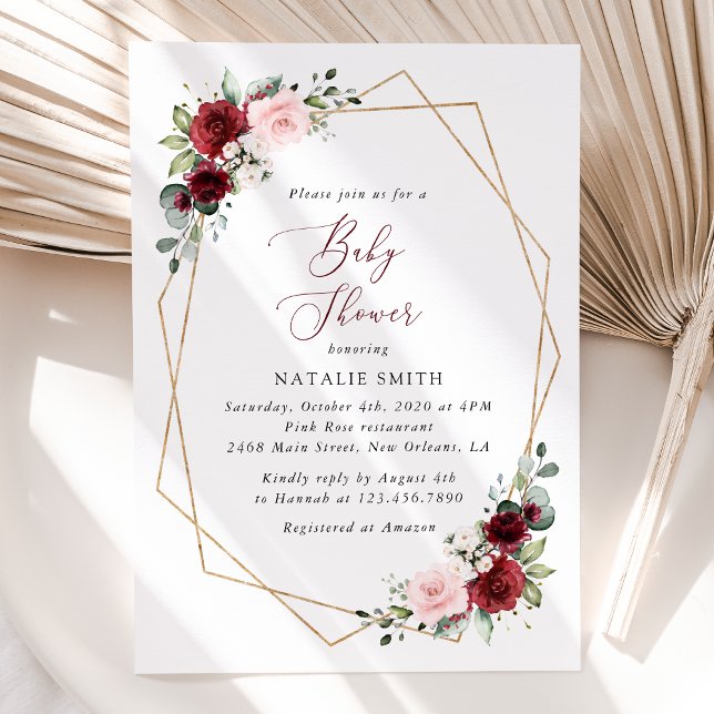 Burgundy Red Flowers, Pink Flowers, Baby Shower Invitation (Creator Uploaded)