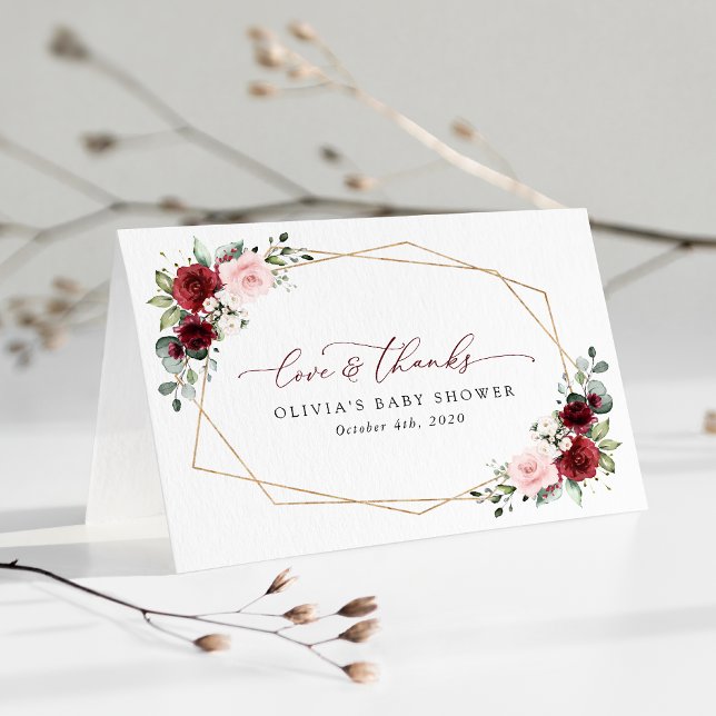 Burgundy Red Flowers, Pink Flowers, Baby Shower Thank You Card (Creator Uploaded)
