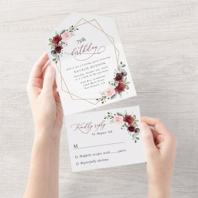 Burgundy Red Flowers, Pink Flowers, Birthday All In One Invitation (Tearaway)