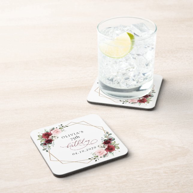 Burgundy Red Flowers, Pink Flowers, Birthday Beverage Coaster (Right Side)