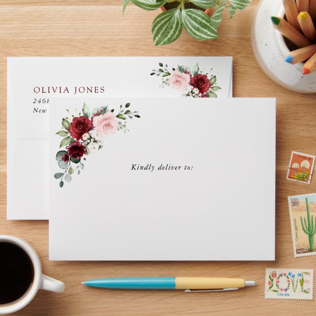 Burgundy Red Flowers, Pink Flowers, Birthday Envelope (Desk)