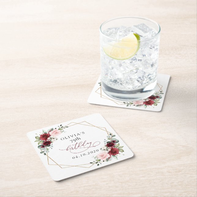 Burgundy Red Flowers, Pink Flowers, Birthday Square Paper Coaster (Insitu)