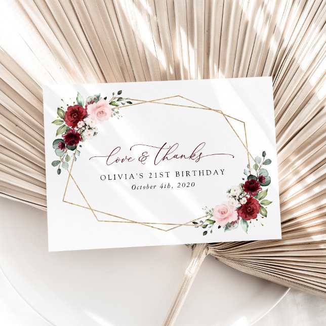 Burgundy Red Flowers, Pink Flowers, Birthday Thank You Card (Creator Uploaded)