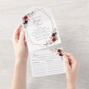 Burgundy Red Flowers, Pink Flowers, Bridal Shower All In One Invitation