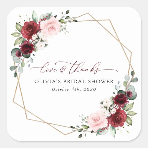 Burgundy Red Flowers Pink Flowers Bridal Shower Square Sticker