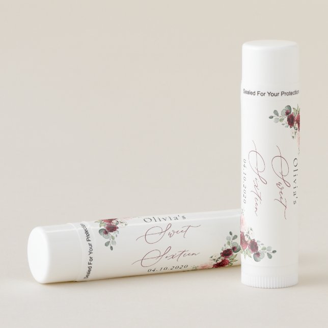 Burgundy Red Flowers, Pink Flowers, Sweet 16 Lip Balm (Front)
