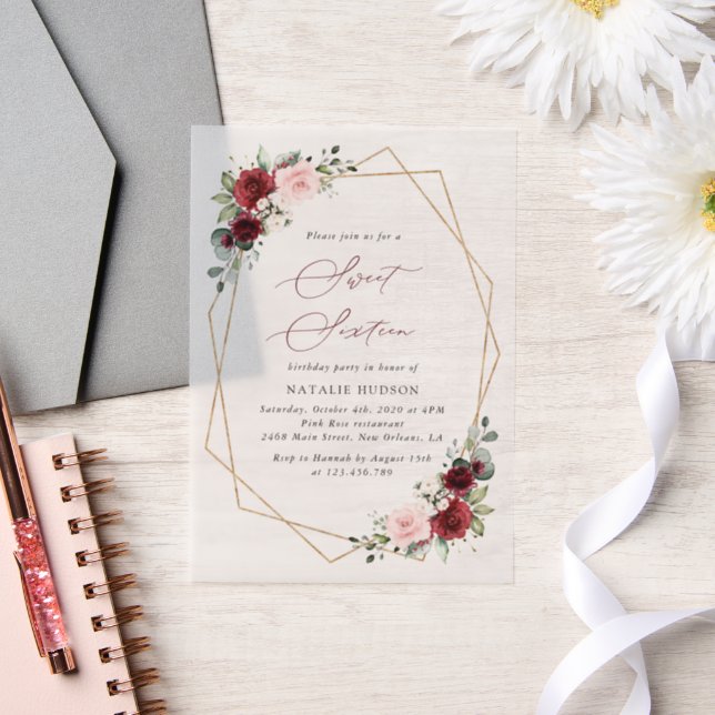 Burgundy Red Flowers, Pink Flowers, Sweet 16 Vellum Invitations (Wedding)