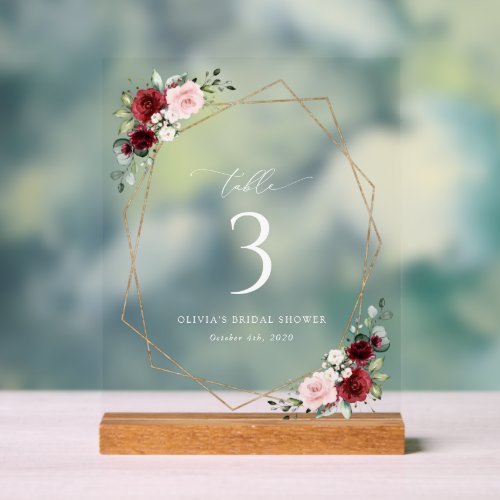 Burgundy Red Flowers Pink Flowers Table Numbers Acrylic Sign