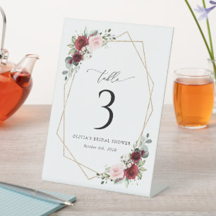 Burgundy Red Flowers, Pink Flowers, Table Numbers Pedestal Sign