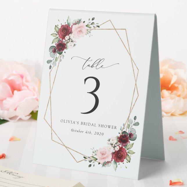 Burgundy Red Flowers, Pink Flowers, Table Numbers Table Tent (In SItu (Wedding))