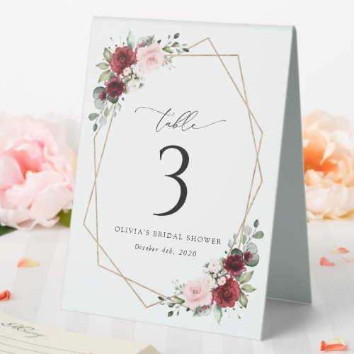 Burgundy Red Flowers Pink Flowers Table Numbers Table Tent Sign