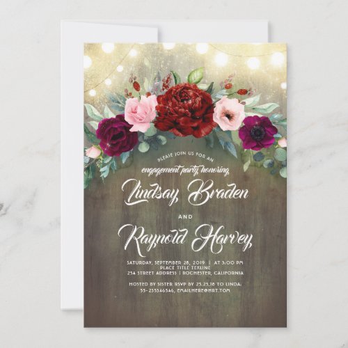 Burgundy Red Flowers Rustic Engagement Party Invitation