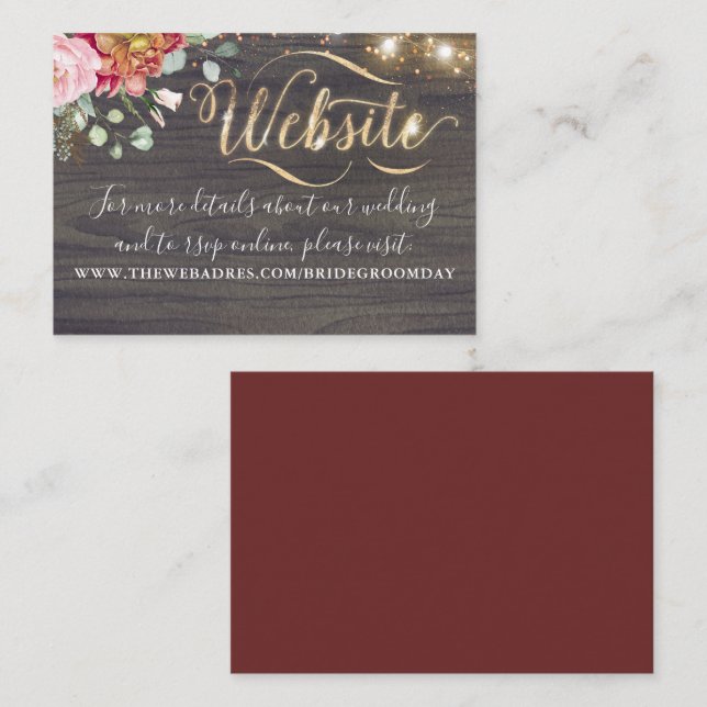 Burgundy Red Flowers Rustic Fall Wedding Website Business Card (Front/Back)