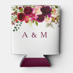 Burgundy Red Flowers Wedding Engagement Party Can Cooler