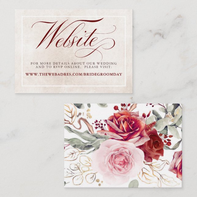 Burgundy Red Flowers Wedding Website Enclosure Card (Front/Back)