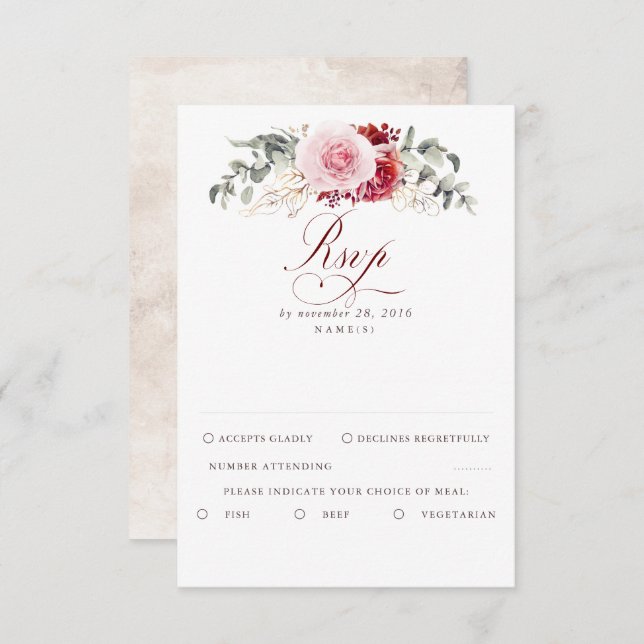 Burgundy Red Foliage Boho Wedding RSVP (Front/Back)