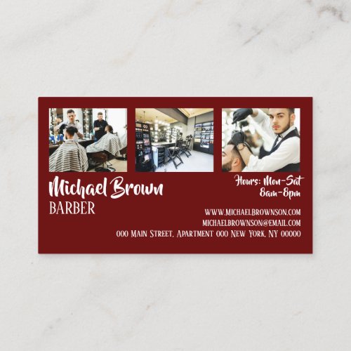 burgundy red framed custom photo barber business card