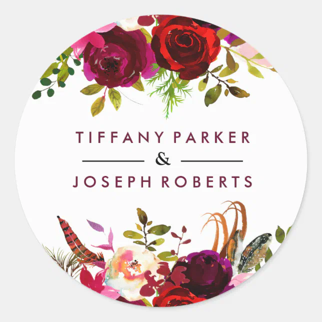 Burgundy Red Garden Floral Wedding Classic Round Sticker | Zazzle