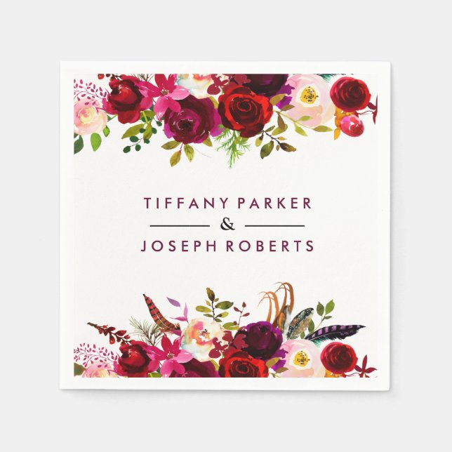 Burgundy Red Garden Floral Wedding Napkins (Front)