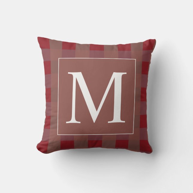 Burgundy Red Gingham Patterns White Monograms Gift Outdoor Pillow (Front)