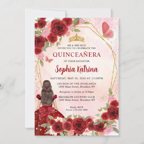 Burgundy Red Glam Gold Floral Princess Quinceaera Invitation