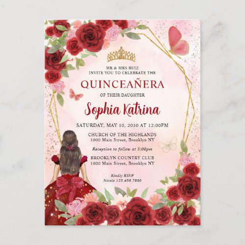 Burgundy Red Glam Gold Floral Princess Quinceaera Invitation Postcard