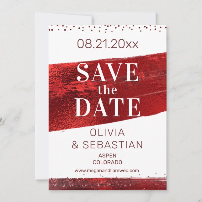 Burgundy Red Glitter Elegant Photo Modern Wedding Save The Date (Front)