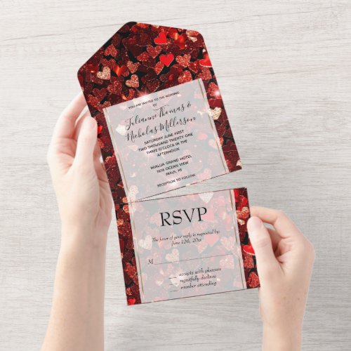 Burgundy Red Glitter Hearts All In One Invitation