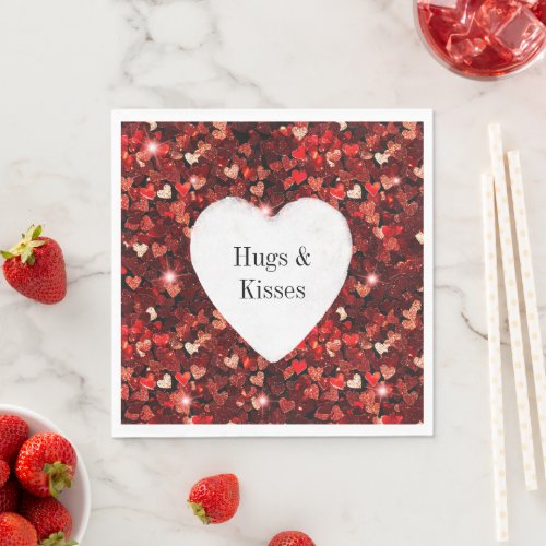 Burgundy Red Glitter Hearts Hugs Napkins