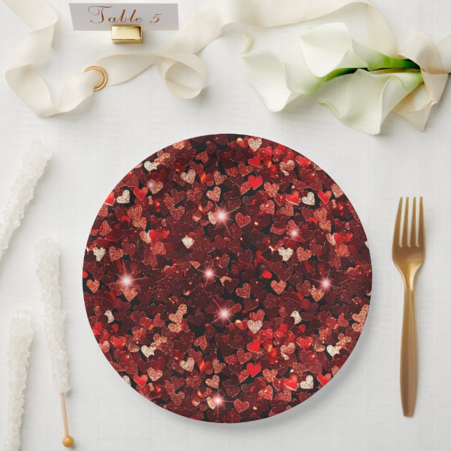 Burgundy Red Glitter Hearts Hugs Paper Plates (Wedding)