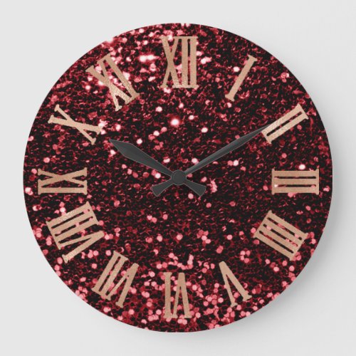 Burgundy Red Glitter Metal Roman Number Pink Rosse Large Clock