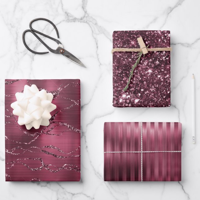 Burgundy Red Glitzy Glitter Stripes Wrapping Paper Sheets (Front)