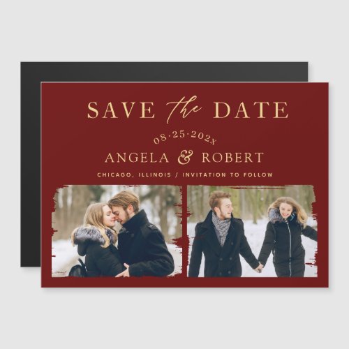 Burgundy Red Gold 2 Photo Save the Date Magnet - Modern Burgundy Red Gold Brush Stroke 2 Photo Save the Date Magnetic Card