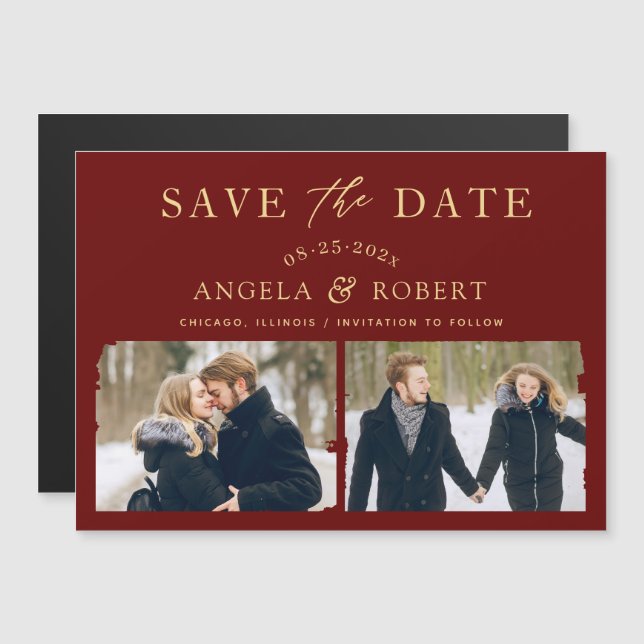 Burgundy Red Gold 2 Photo Save the Date Magnet (Front/Back)