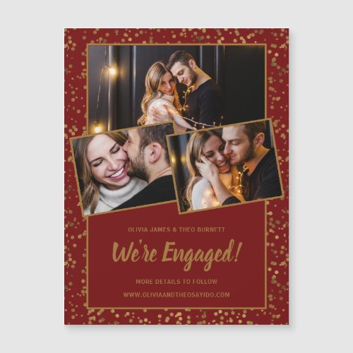 Burgundy Red Gold 3Photo Magnetic Engagement Card