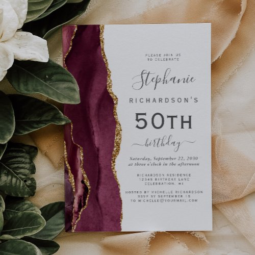 Burgundy Red Gold Agate 50th Birthday Party Invitation