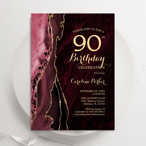 Burgundy Red Gold Agate 90th Birthday Invitation