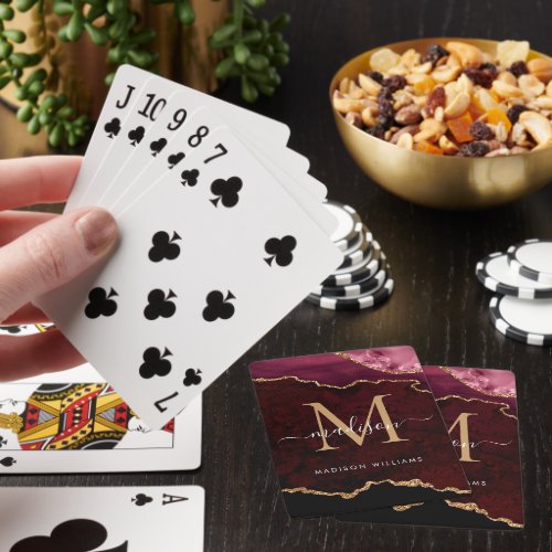 Burgundy Red Gold Agate Geode Glitter Monogram Poker Cards