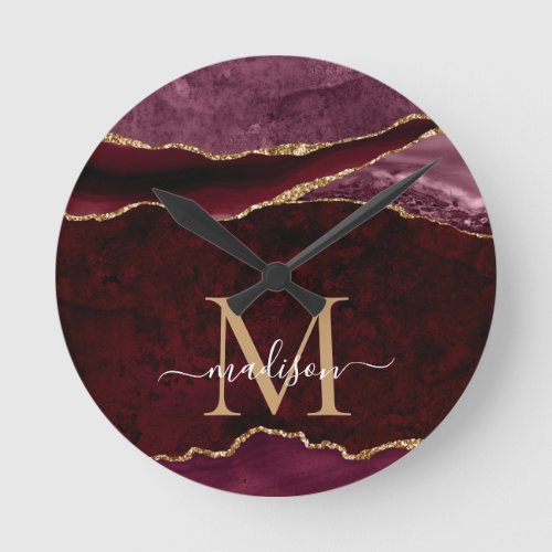 Burgundy Red Gold Agate Geode Glitter Monogram Round Clock