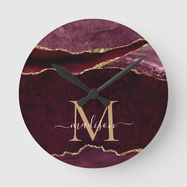 Burgundy Red Gold Agate Geode Glitter Monogram Round Clock (Front)
