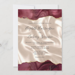 Burgundy Red Gold Agate Ivory Silk QR Code Wedding Invitation